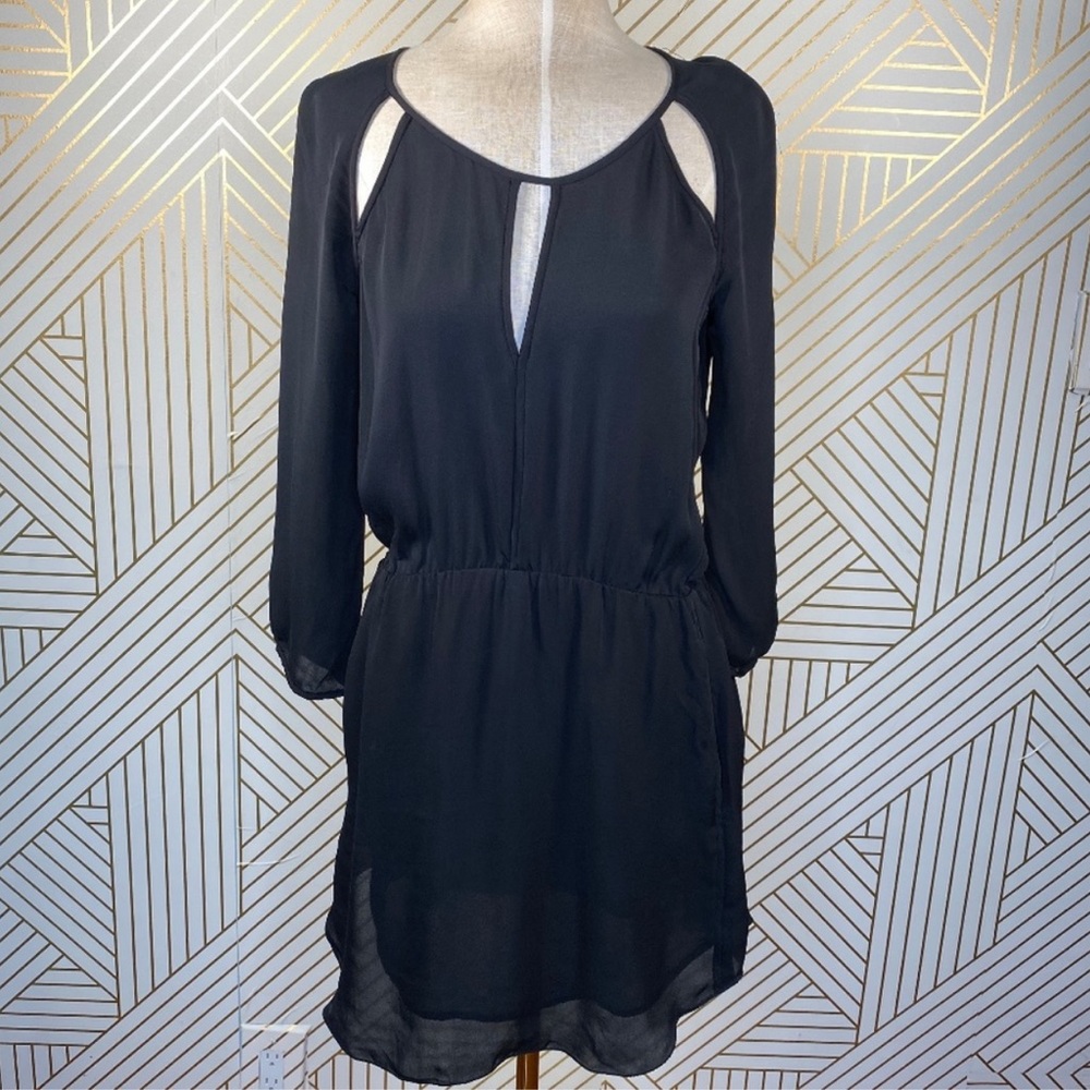 Babaton Black Mini Dress with Cutout Shoulders Sandwash Silk